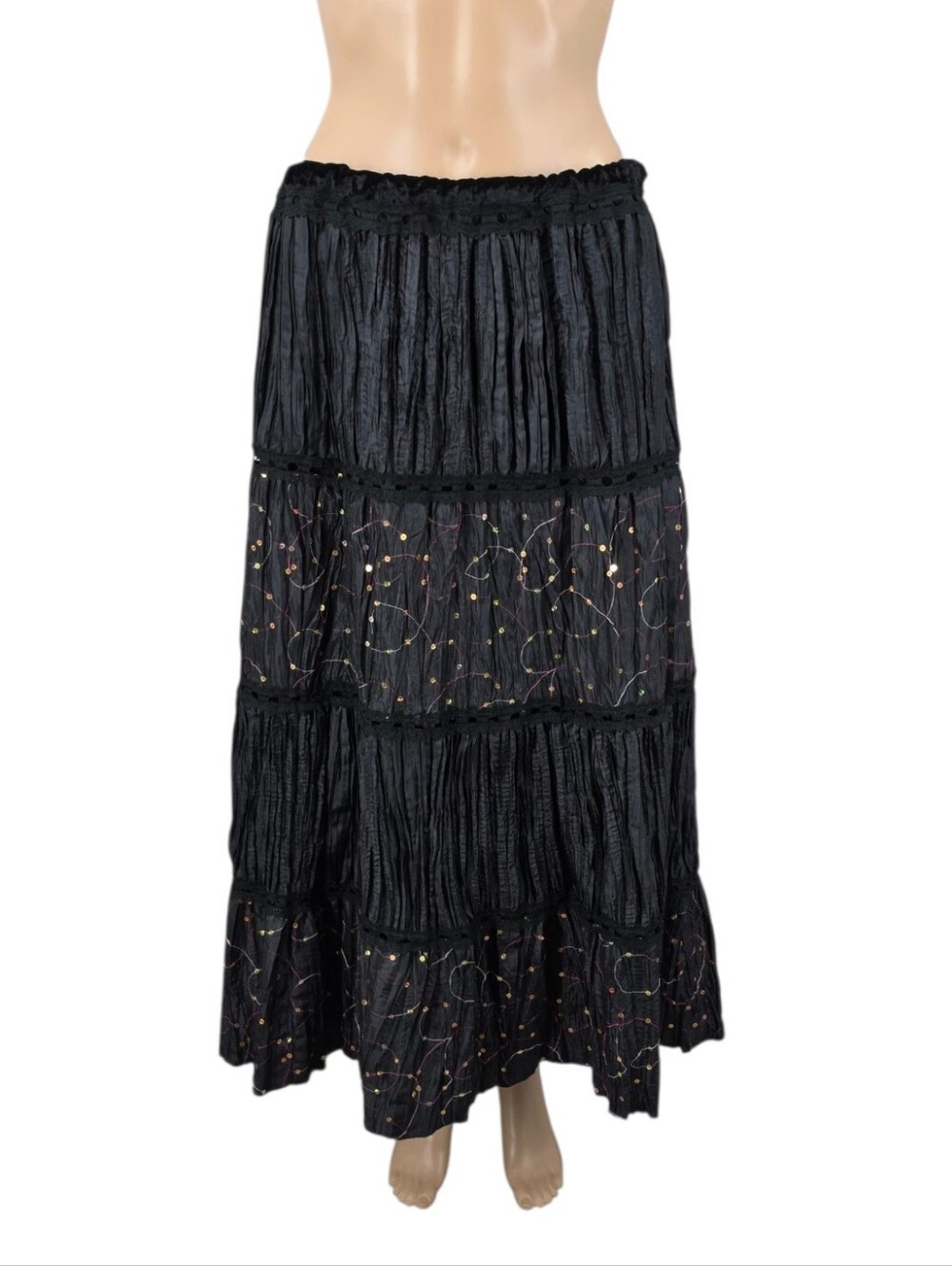 Silk Vintage Y2K Maxi Skirt Black Crinkle Taffeta Sequins Lace Velvet Whimsigoth